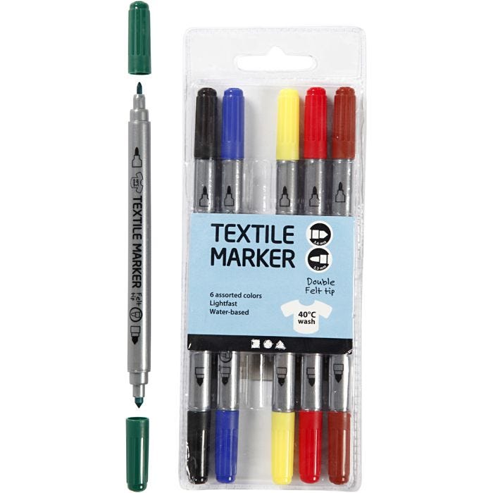 Textiltuschpennor, spets 2,3+3,6 mm, standardfärger, 6 st./ 1 förp.