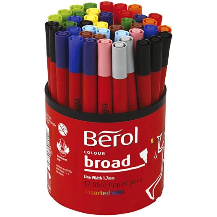Berol Tusch, Dia. 10 mm, spets 1-1,7 mm, mixade färger, 42st./ 1 burk