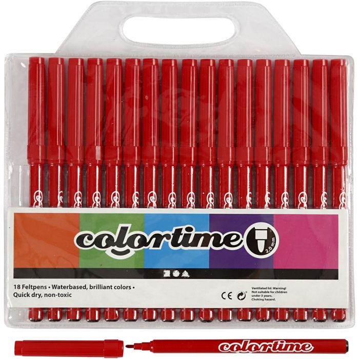 Colortime-pennor, spets 2 mm, röd, 18 st./ 1 förp.