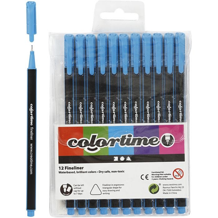 Colortime Fineliner-tuschpennor, spets 0,6-0,7 mm, ljusblå, 12 st./ 1 förp.