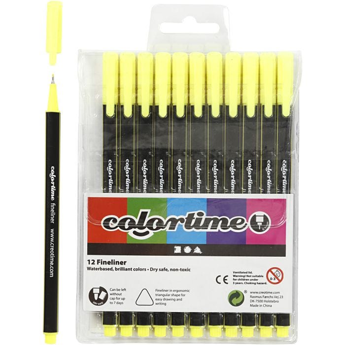 Colortime Fineliner-tuschpennor, spets 0,6-0,7 mm, gul, 12st./ 1 förp.