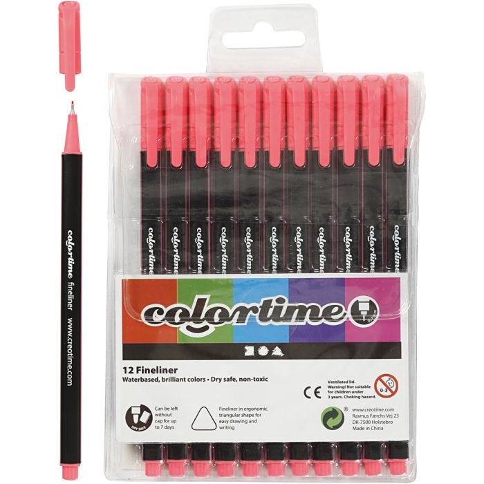 Colortime Fineliner-tuschpennor, spets 0,6-0,7 mm, rosa, 12st./ 1 förp.
