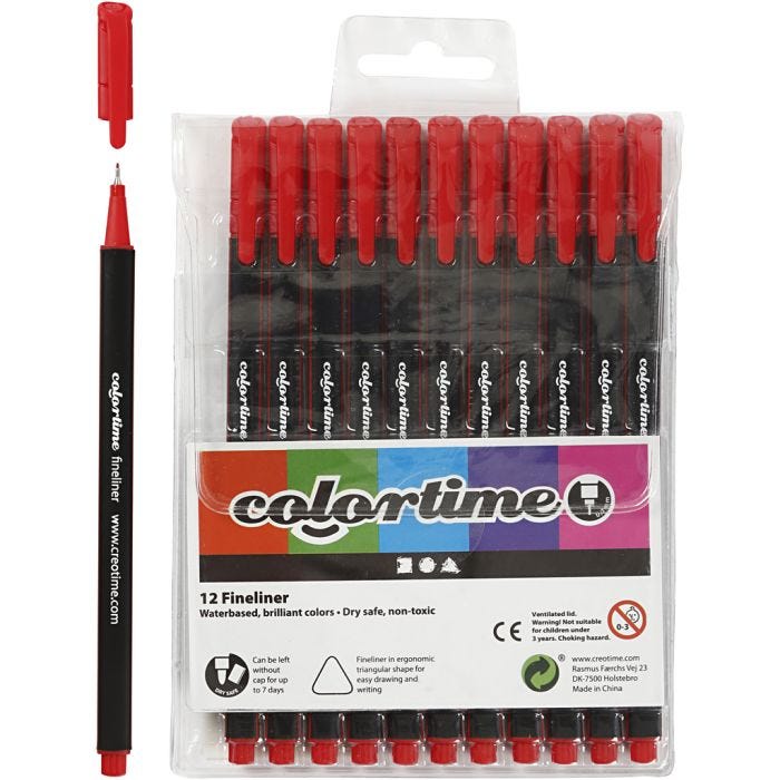 Colortime Fineliner-tuschpennor, spets 0,6-0,7 mm, röd, 12st./ 1 förp.