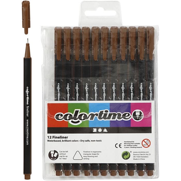Colortime Fineliner-tuschpennor, spets 0,6-0,7 mm, brun, 12st./ 1 förp.