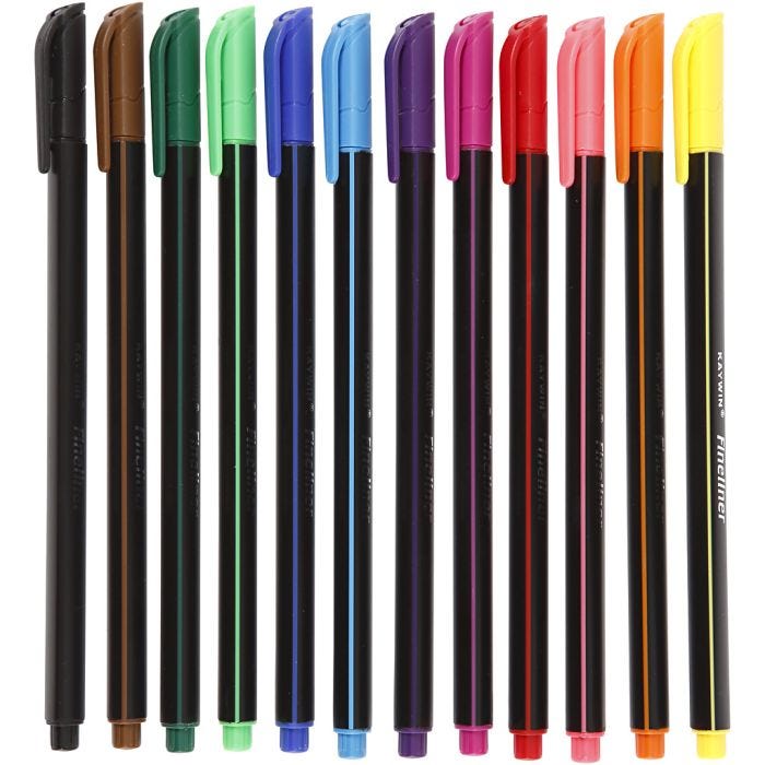 Colortime Fineliner-tuschpennor, spets 0,6-0,7 mm, mixade färger, 12 st./ 1 förp.