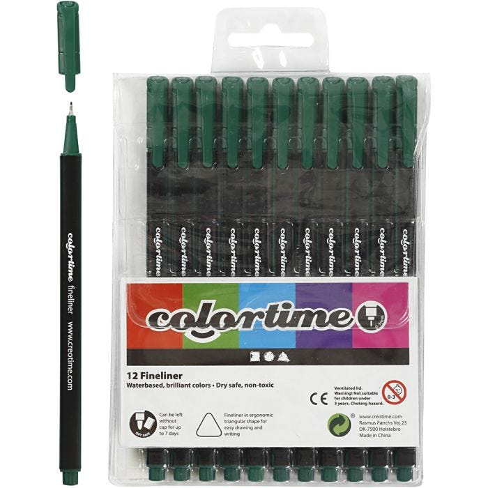 Colortime Fineliner-tuschpennor, spets 0,6-0,7 mm, mörkgrön, 12st./ 1 förp.