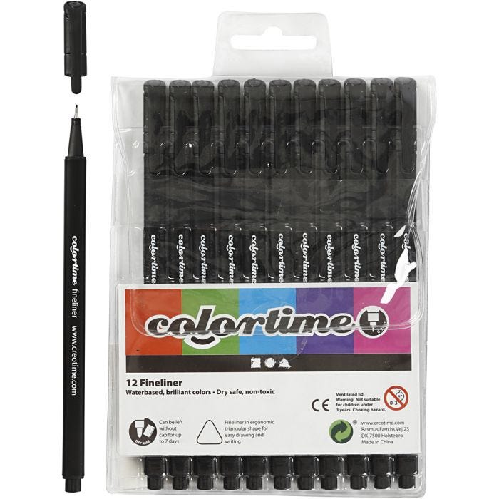 Colortime Fineliner-tuschpennor, spets 0,6-0,7 mm, svart, 12st./ 1 förp.