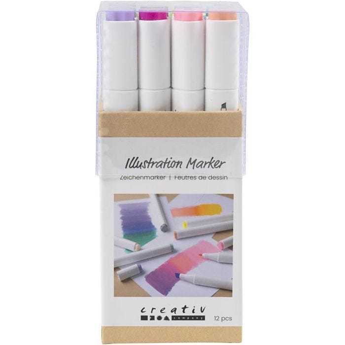 Illustrations marker, spets 1+8 mm, pastellfärger, 12 st./ 1 förp.