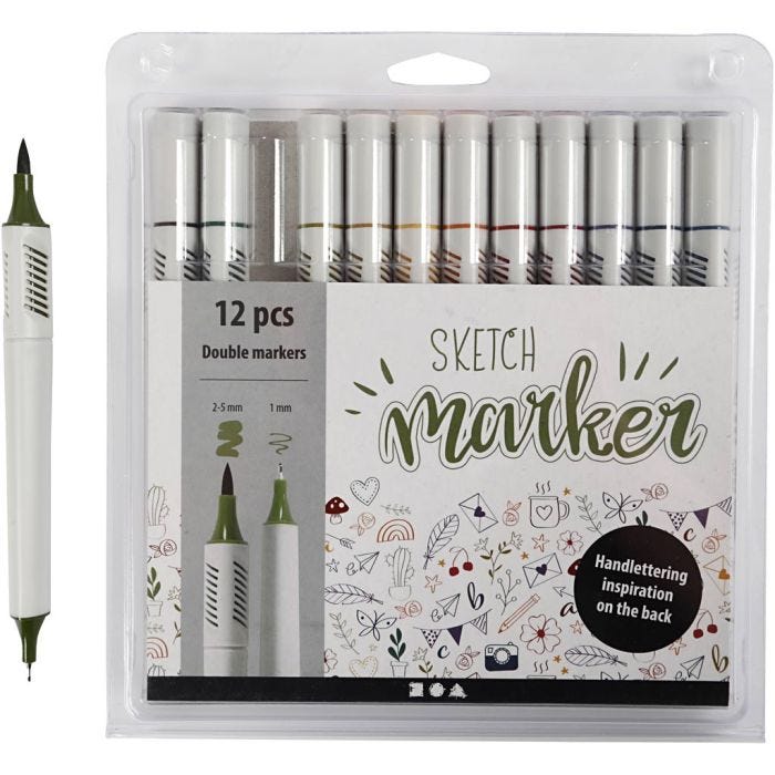 Sketch markers, spets 1+2-5 mm, dova färger, 12 st./ 1 förp.