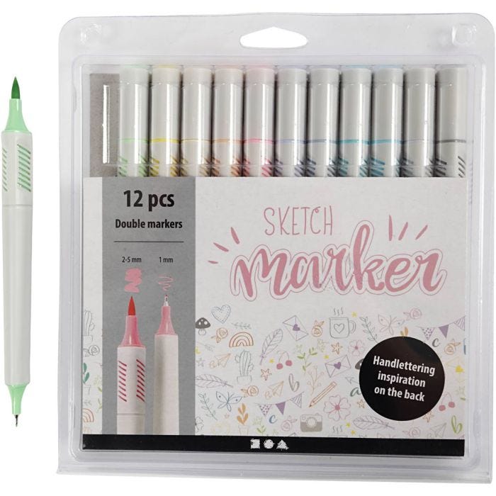 Sketch markers, spets 1+2-5 mm, pastellfärger, 12 st./ 1 förp.