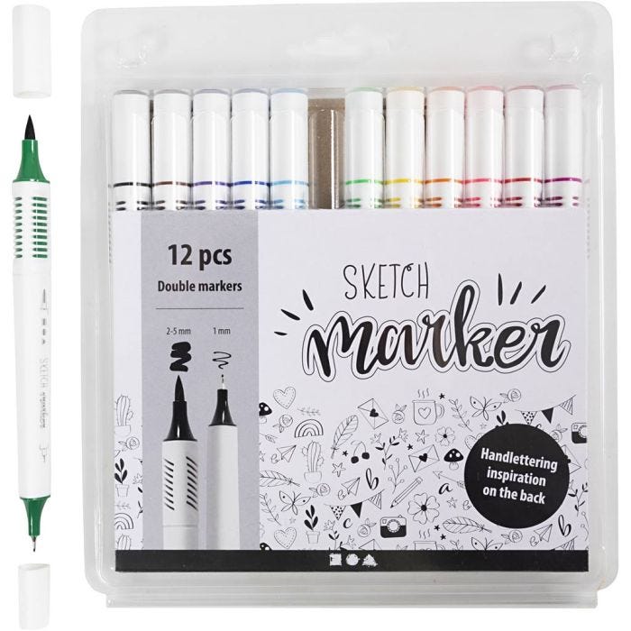 Sketch markers, spets 1+2-5 mm, standardfärger, 12 st./ 1 förp.