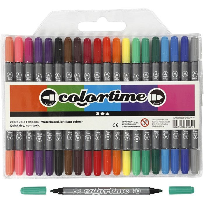 Colortime Dubbeltusch, spets 2,3+3,6 mm, standardfärger, 20 st./ 1 förp.