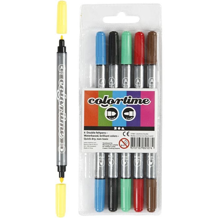 Colortime Dubbeltusch, spets 2,3+3,6 mm, standardfärger, 6st./ 1 förp.
