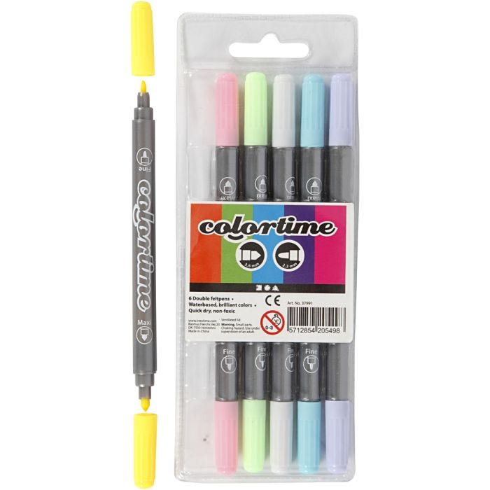 Colortime Dubbeltusch, spets 2,3+3,6 mm, pastellfärger, 6st./ 1 förp.