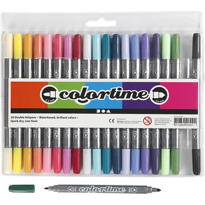Colortime Dubbeltusch, spets 2,3+3,6 mm, kompletterande färger, 20st./ 1 förp.