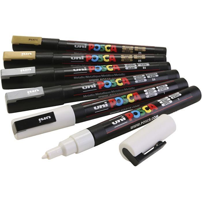 Posca Marker , nr. PC-3M, spets 0,9-1,3 mm, guld, silver, vit, 6 mix./ 1 förp.