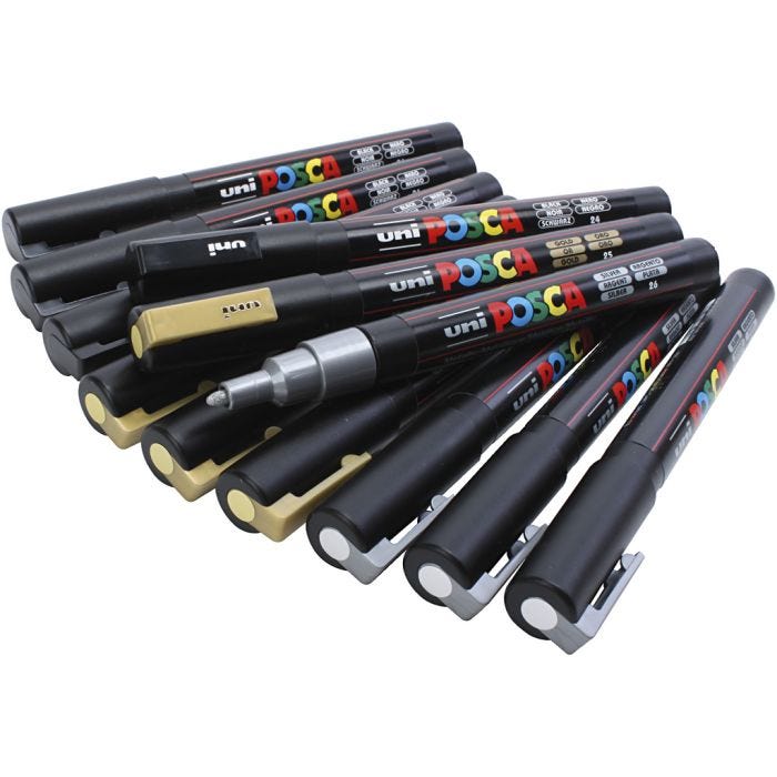Posca Marker , nr. PC-3M, spets 0,9-1,3 mm, svart, guld, silver, 12 mix./ 1 förp.