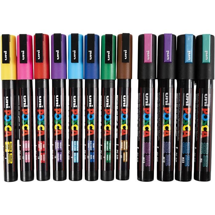 Posca Marker , nr. PC-5M + PC-3M, spets 0,9-1,3 + 2,5 mm, mixade färger, 12 mix./ 1 förp.