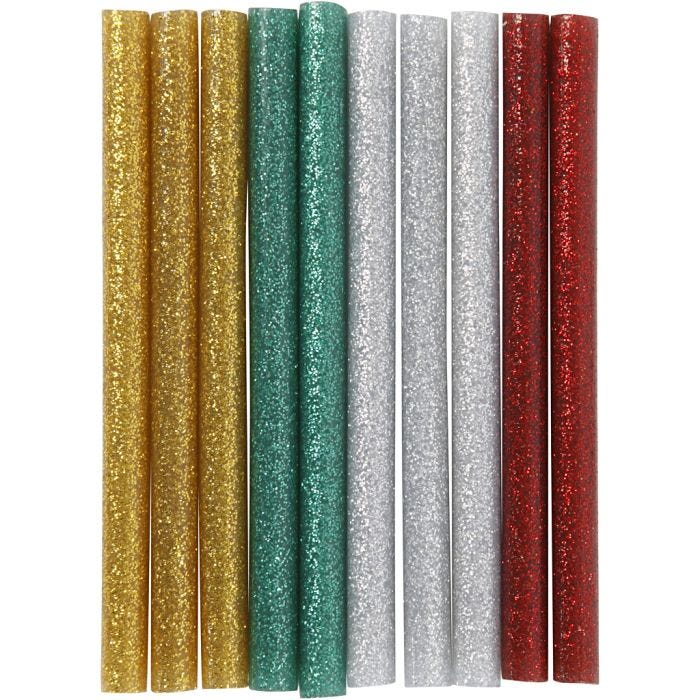Limstänger Mini, L: 10 cm, Dia. 7 mm, glitter, guld, grön, röd, silver, 10 st./ 1 förp.