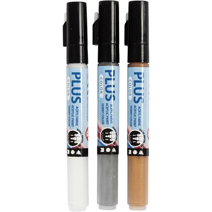 Plus Color Tusch, L: 14,5 cm, spets 1-2 mm, guld, silver, råvit, 5,5 ml, 3 st./ 1 förp.