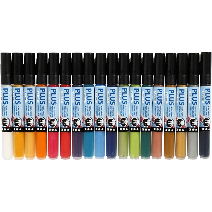 Plus Color Tusch, L: 14,5 cm, spets 1-2 mm, mixade färger, 5,5 ml, 18 st./ 1 förp.