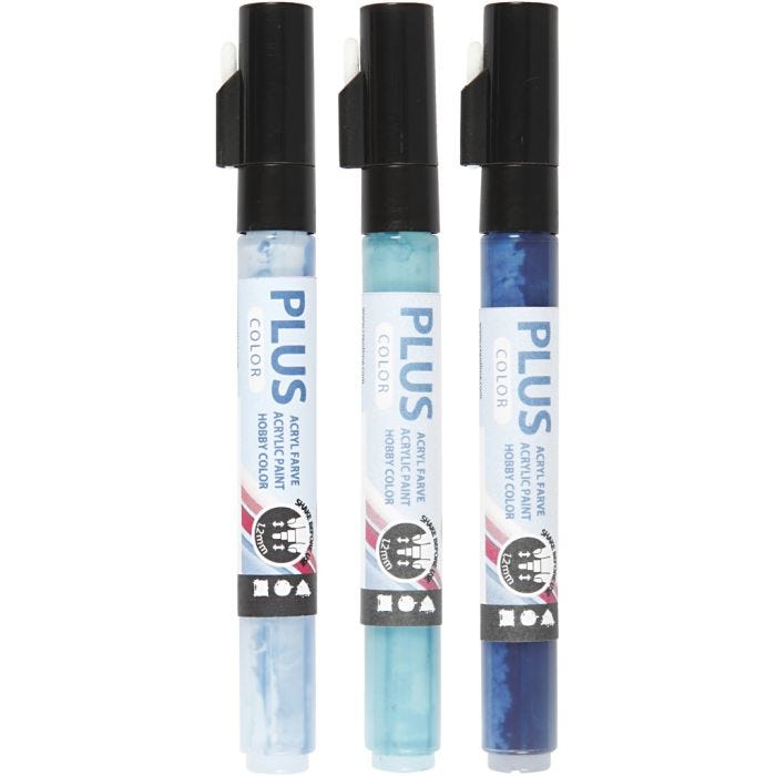 Plus Color Tusch, L: 14,5 cm, spets 1-2 mm, himmelsblå, marinblå, turkos, 5,5 ml, 3 st./ 1 förp.