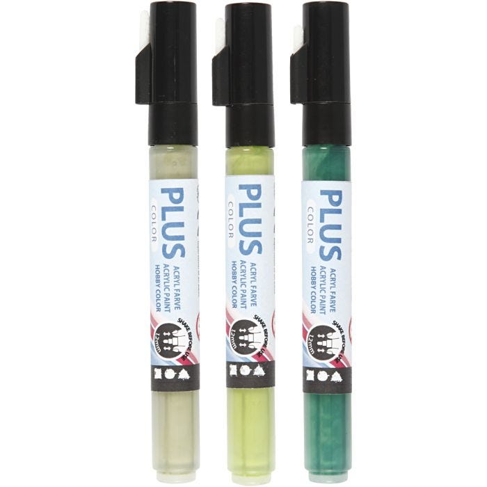 Plus Color Tusch, L: 14,5 cm, spets 1-2 mm, mörkgrön, eucalyptus, leaf green, 5,5 ml, 3 st./ 1 förp.