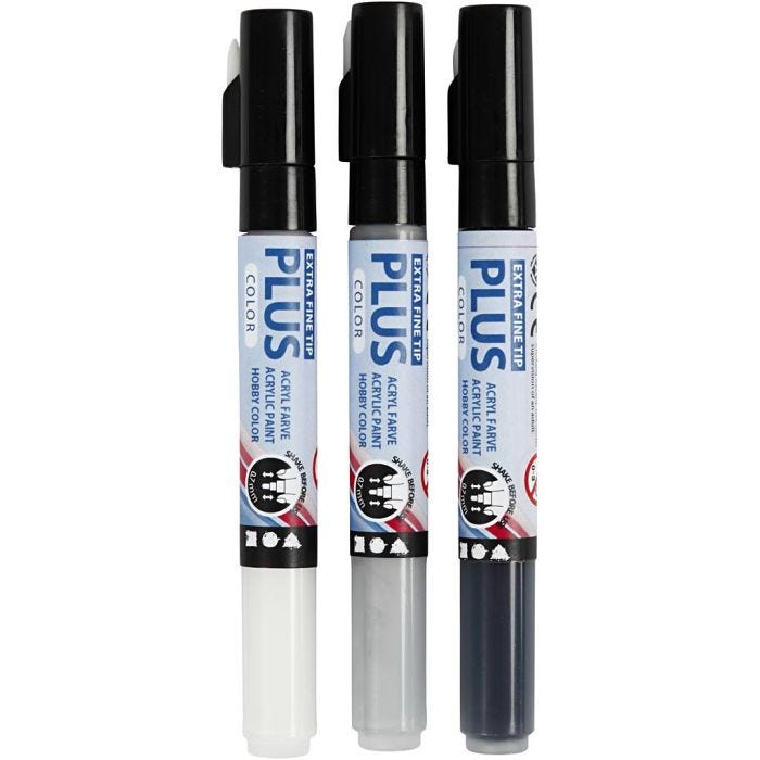 Plus Color Tusch, L: 14,5 cm, spets 0,7 mm, svart, råvit, rain grey, 5,5 ml, 3 st./ 1 förp.