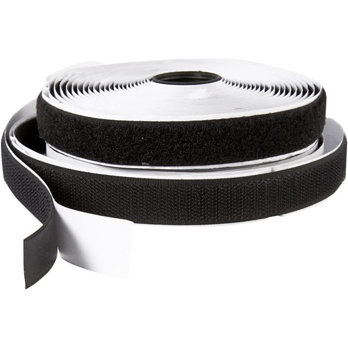 Kardborreband, självhäftande, B: 20 mm, svart, 5 m/ 1 rl.