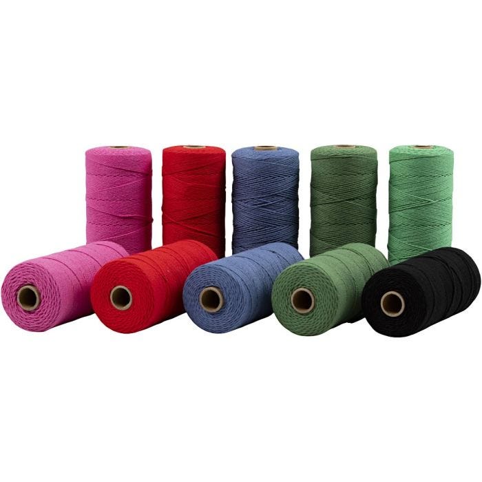 Makramésnöre, L: 315 m, tjocklek 1 mm, Tunn kvalitet 12/12, starka färger, 10x220g/ 1 förp.