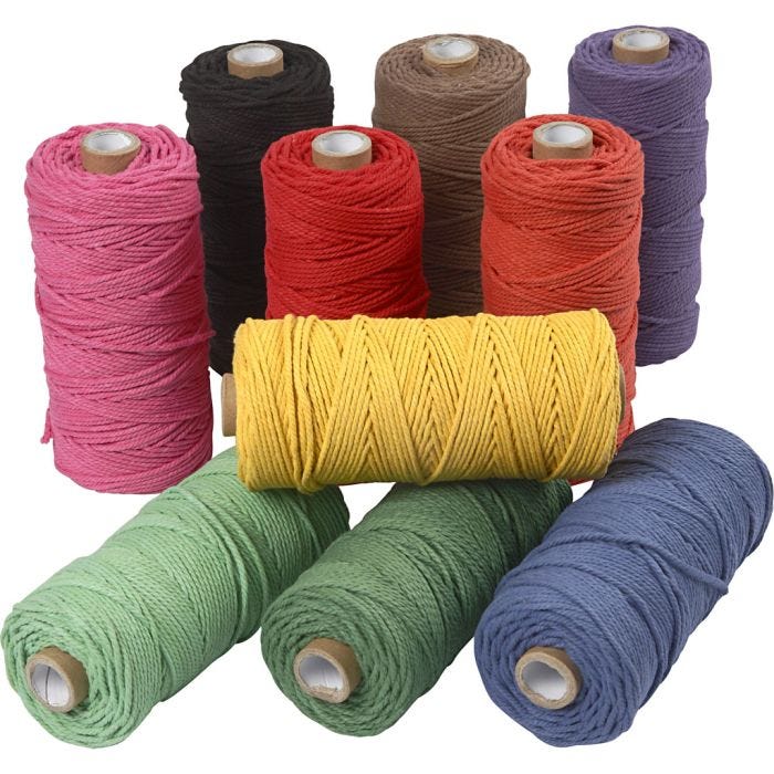 Makramésnöre, L: 100 M, tjocklek 2 mm, Tunn kvalitet 12/36, starka färger, 10x225 g/ 1 förp.