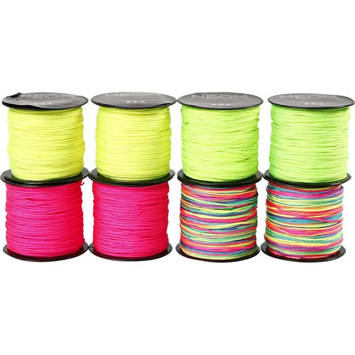 Knytsnöre, tjocklek 1 mm, neongrön, neonrosa, neongul, neonmix, 8x28 m/ 1 förp.