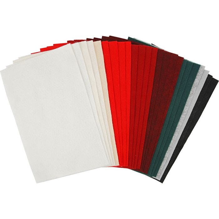Hobbyfilt, ark 20x30 cm, tjocklek 1,5 mm, 180-200 g, mixade färger, 24 mix. ark/ 1 förp.