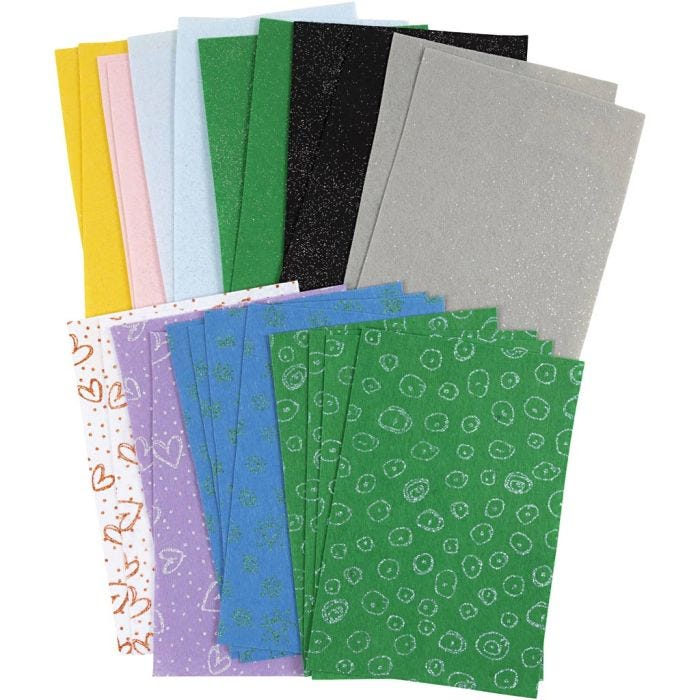 Hobbyfilt, ark 21x30 cm, tjocklek 1 mm, Innehållet kan variera , mixade färger, 24 ark/ 1 förp.