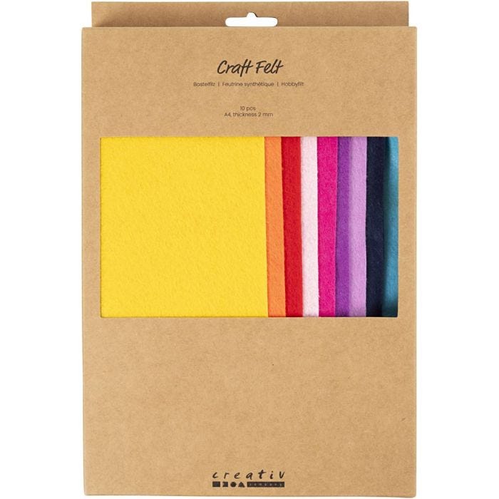 Hobbyfilt, A4, ark 210x297 mm, tjocklek 2 mm, colorful, 10 st./ 1 förp.