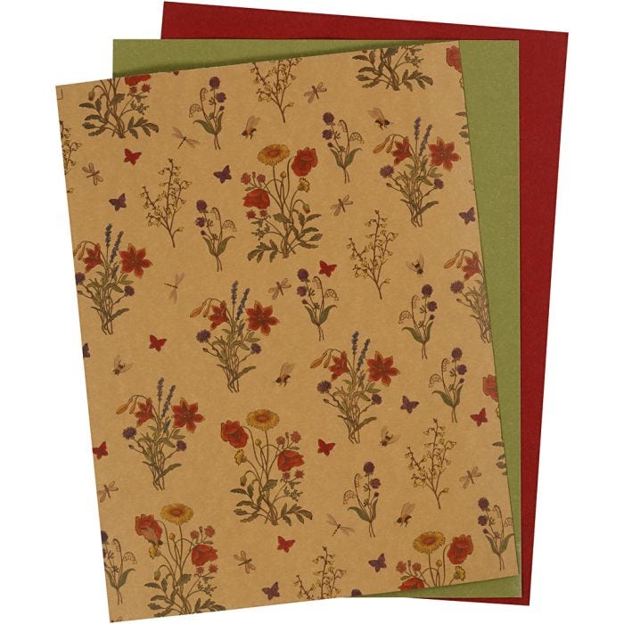 Läderpapper, ark 21x27,5+21x28,5+21x29,5 cm, tjocklek 0,55 mm, enfärgad,tryck, natur, grön, röd, 3 ark/ 1 förp.