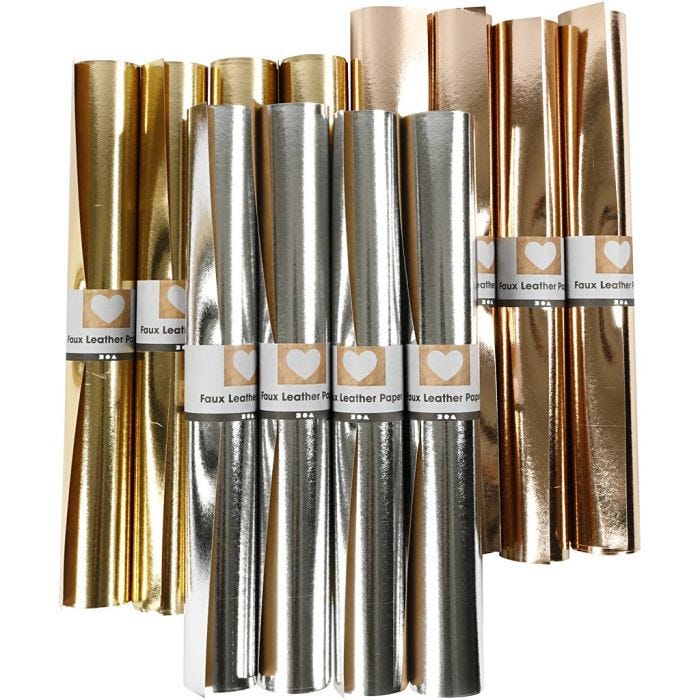 Läderpapper, B: 49 cm, tjocklek 0,55 mm, enfärgad,folie, guld, rosa guld, silver, 12x1 m/ 1 förp.
