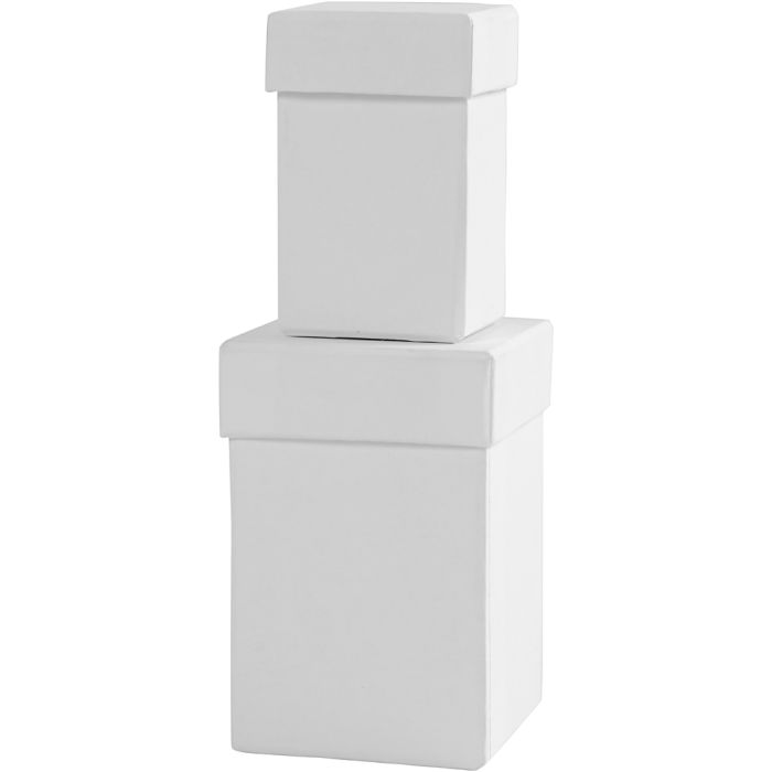 Fyrkantiga askar, H: 7+9 cm, stl. 4,5+6 cm, vit, 2 st./ 1 set