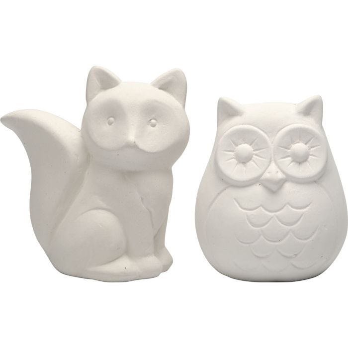Spardjur, uggla och räv, H: 9 cm, vit, 2st./ 1 förp.