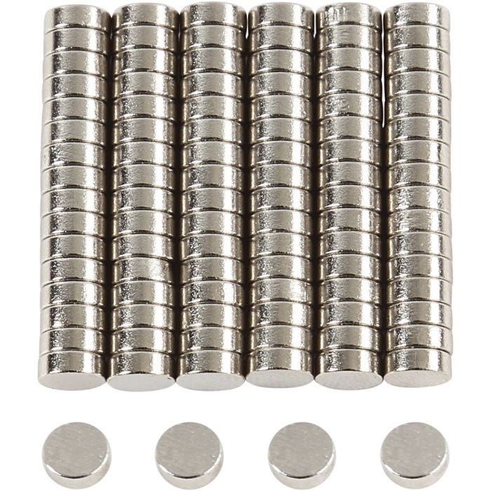 Stark magnet ”NdFeB” , Dia. 5 mm, tjocklek 2 mm, 100 st./ 1 förp.