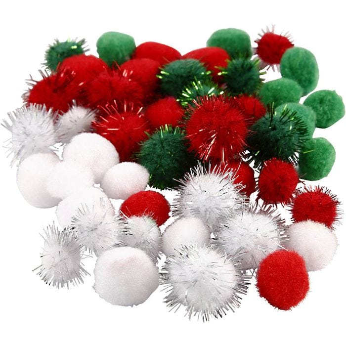 Pompomer, Dia. 15+20 mm, grön, röd, vit, 48mix./ 1 förp.