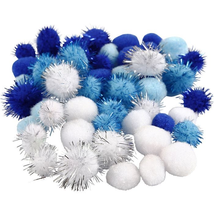 Pompomer, Dia. 15+20 mm, ljusblå, mörkblå, vit, 48mix./ 1 förp.