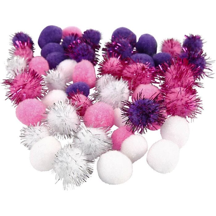 Pompomer, Dia. 15+20 mm, lila, ljusröd, vit, 48mix./ 1 förp.
