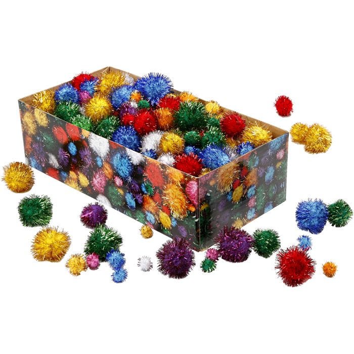 Pompomer, Dia. 15-40 mm, glitter, starka färger, 300g/ 1 förp.