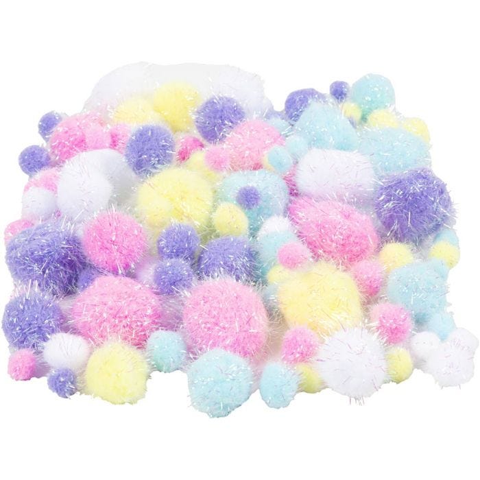 Pompoms, Dia. 15-40 mm, glitter, pastellfärger, 62 g/ 1 förp.