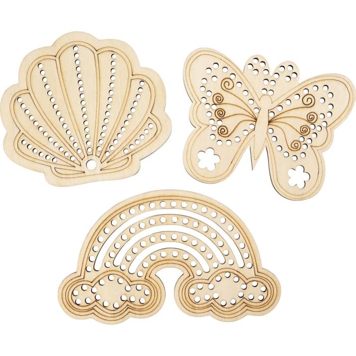 Träform med hål, Regnbåge, snäcka, fjäril, stl. 7,5-13 cm, 24 st./ 1 förp.