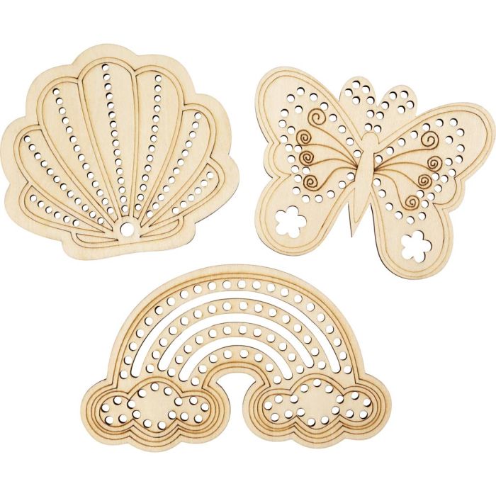 Träform med hål, Regnbåge, snäcka, fjäril, stl. 7,5-13 cm, 6 st./ 1 förp.