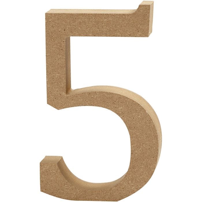 Träsiffra, 5, H: 8 cm, tjocklek 1,5 cm, 1 st.