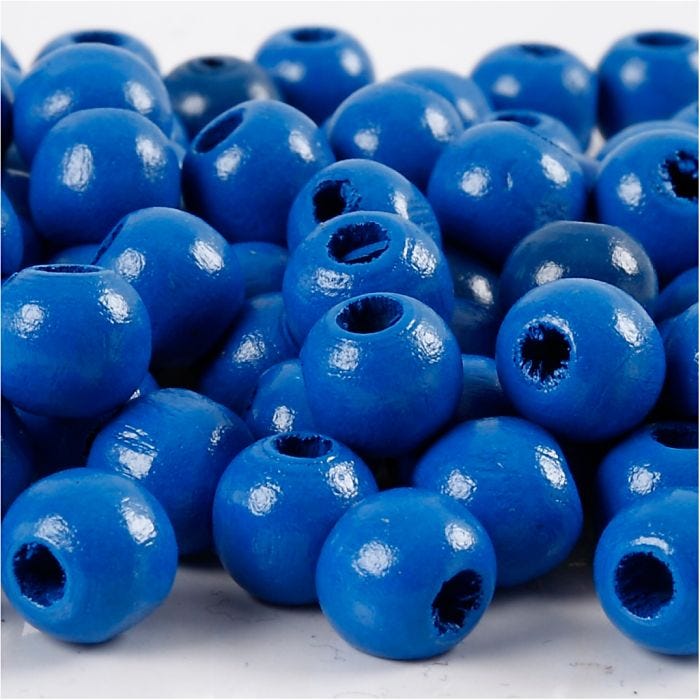 Träpärlor, Dia. 10 mm, Hålstl. 3 mm, blå, 20g/ 1 förp.