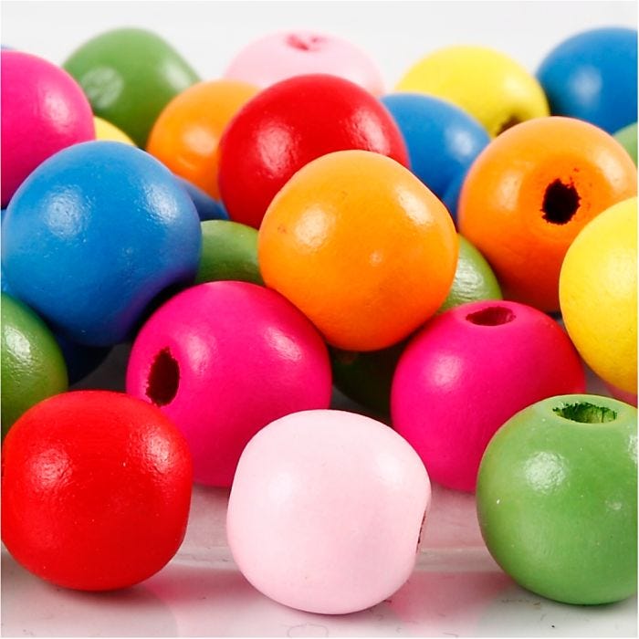 Träpärlor, Dia. 12 mm, Hålstl. 2,5-3 mm, mixade färger, 22 g/ 1 förp.